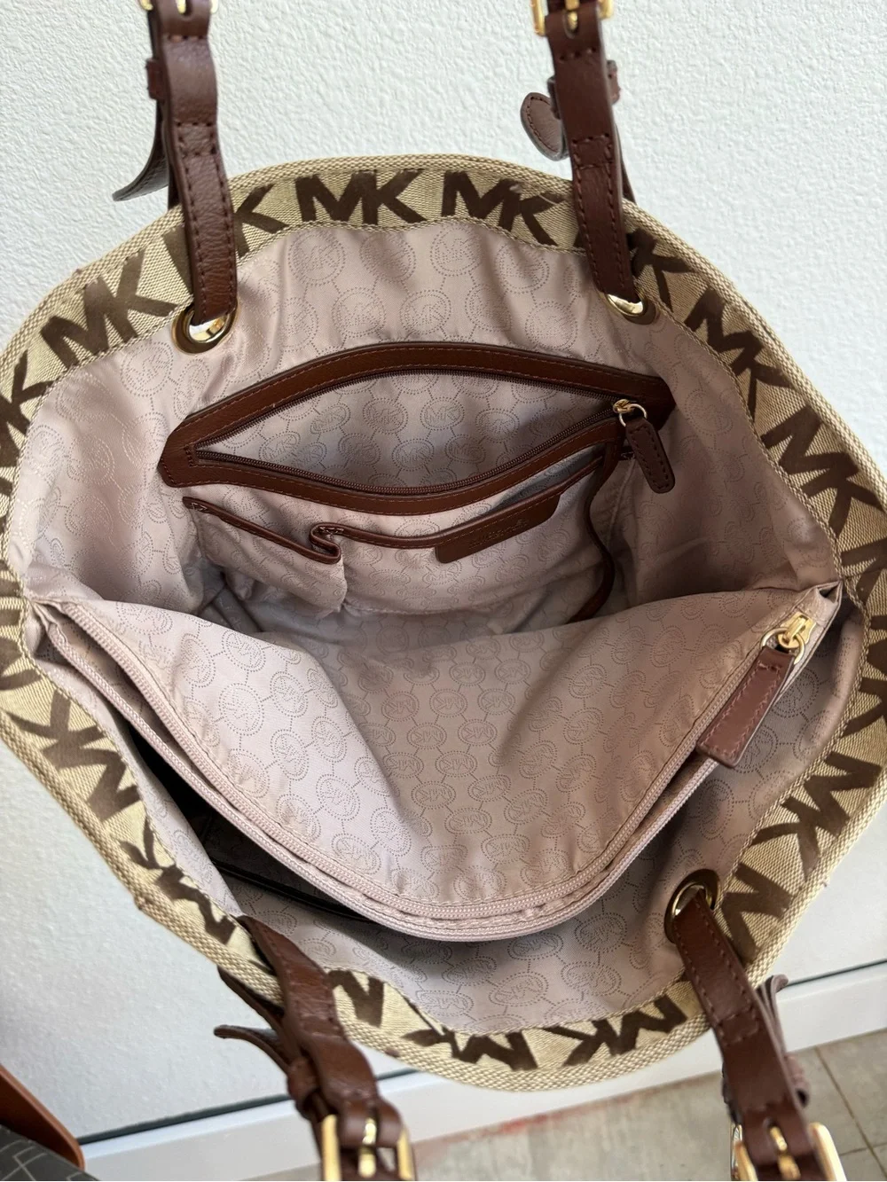 Michael Kors Brown MK Logo Tote with Dark Brown Leather Straps